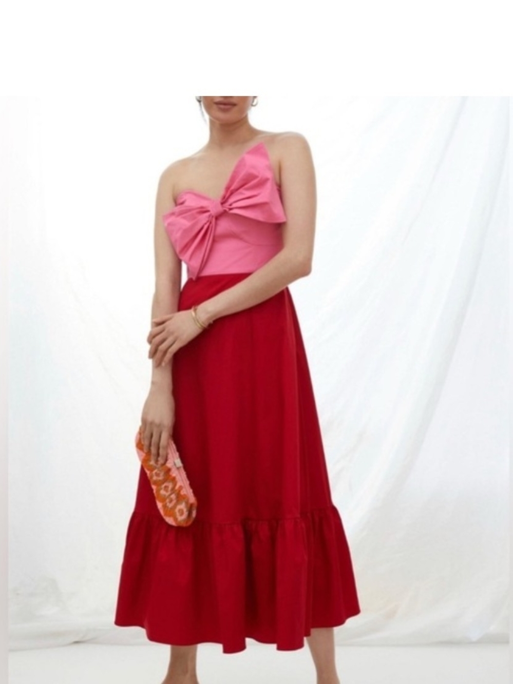 Anthropologie Pink Bow Strapless Top with Red Midi Skirt